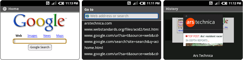 浏览器的假Google首页，地址栏，浏览历史界面。