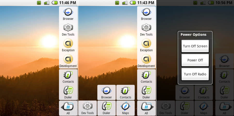 左：Milestone 5，主屏幕展示了“All”按钮，两个dock图标，以及四个最近使用的应用。中：主屏幕与打开的应用程序列表。右边：电源菜单。