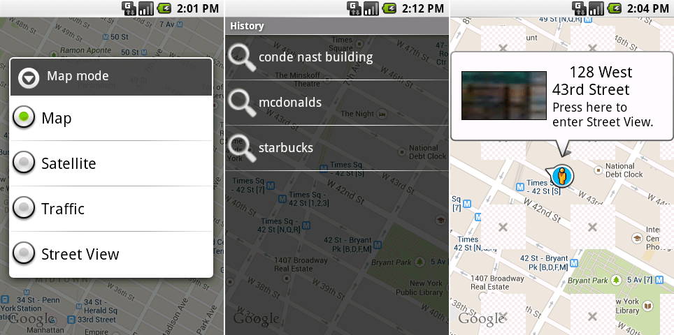 谷歌地图图层选择，搜索历史，新加入的街景视图。