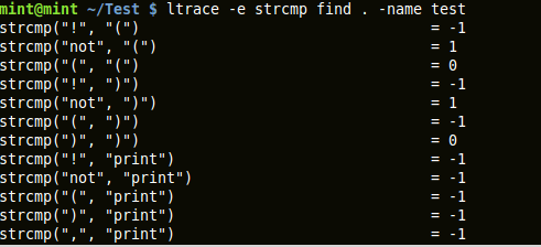 output of ltrace capturing 'strcmp' library call