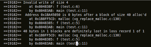 output of valgrind showing heap block overrun and memory leak