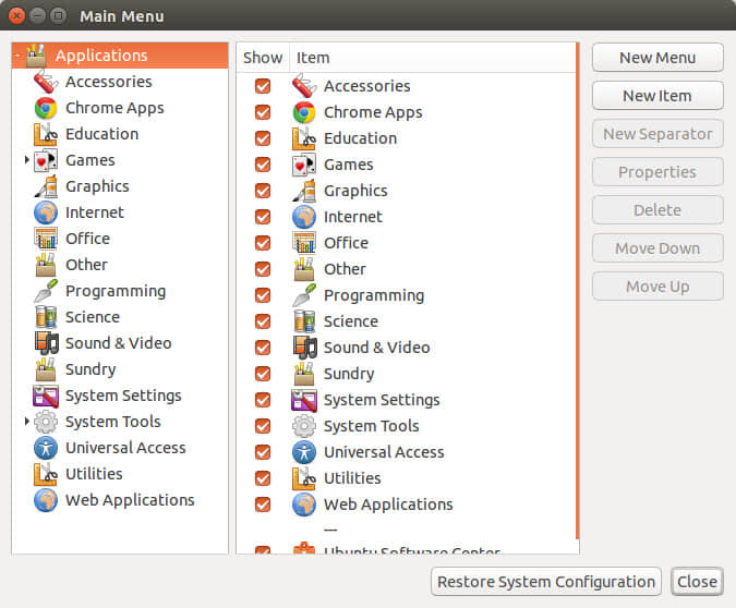 Ubuntu 下的 main menu 