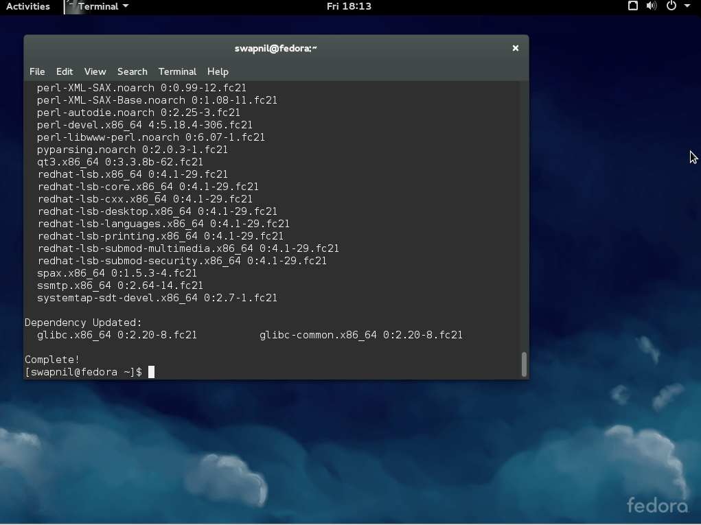 Manage system updates via the command line with dnf on Fedora.