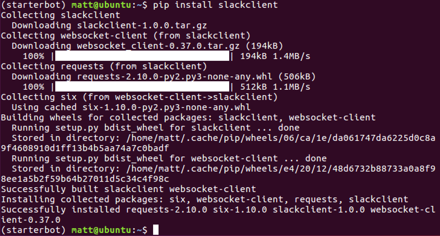 在已经激活的 virtualenv 用 pip 安装 slackclient 的输出