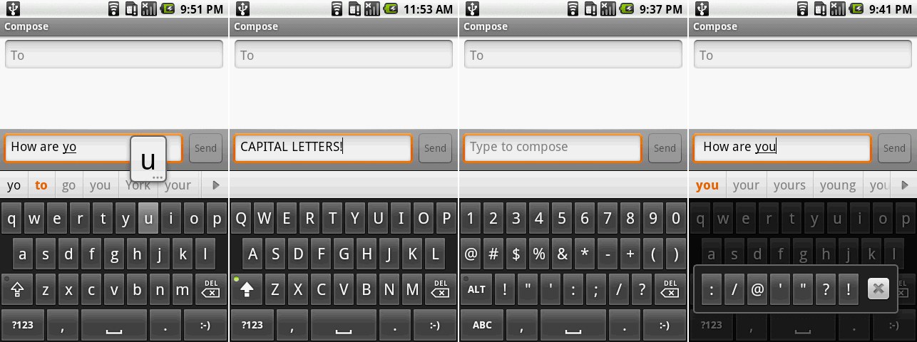 安卓 1.5 的屏幕软键盘输入时的输入建议栏，大写状态键盘，数字与符号界面，更多符号弹窗。