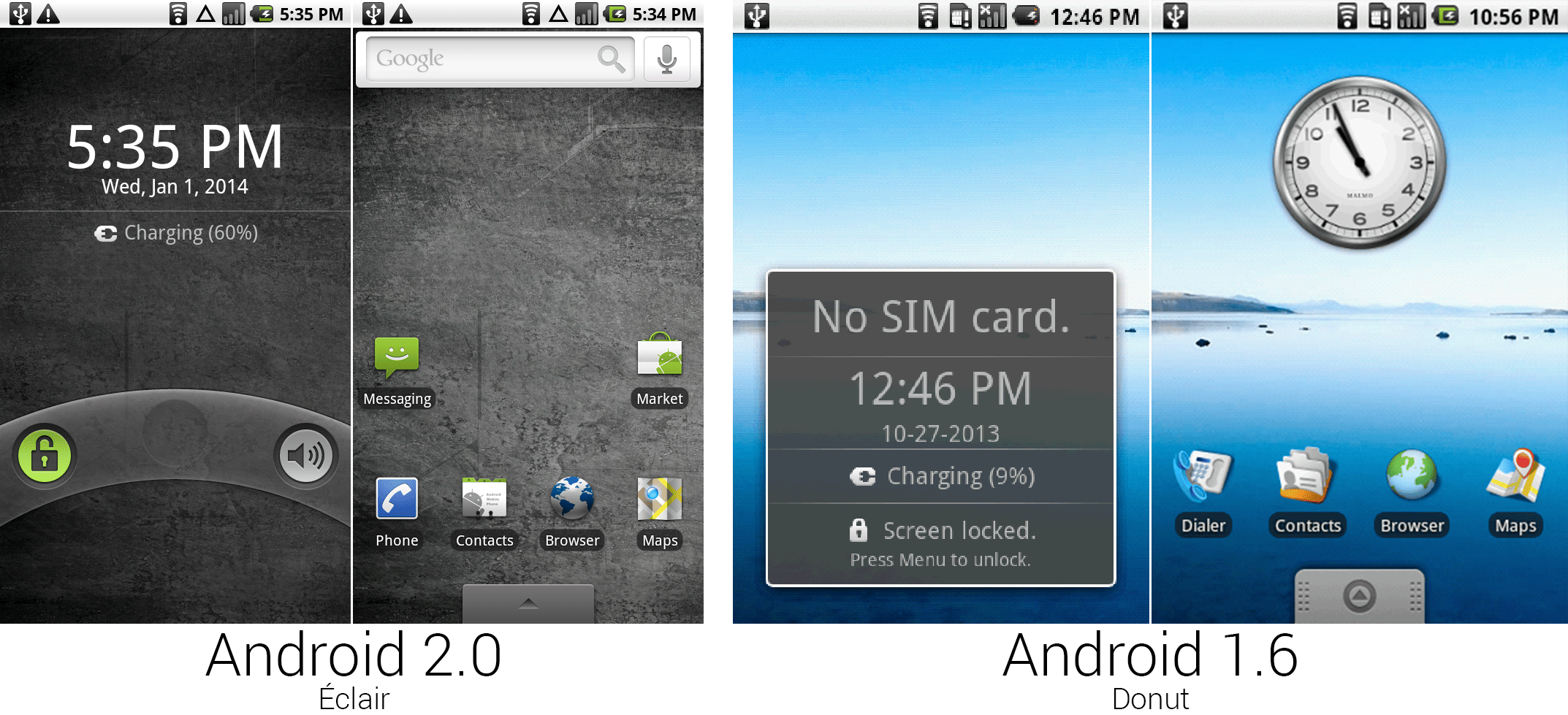 安卓2.0和1.6的锁屏和主屏幕。