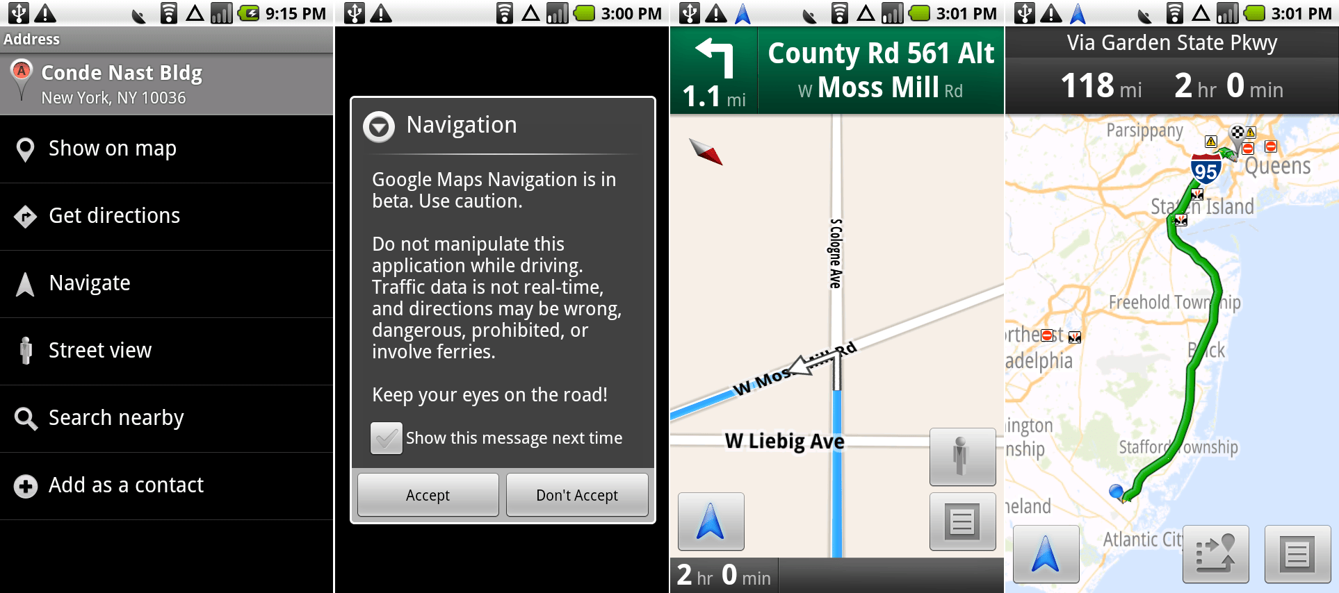 一个地点页面，显示“导航”选项，导航免责声明，实际的导航画面，以及交通信息。