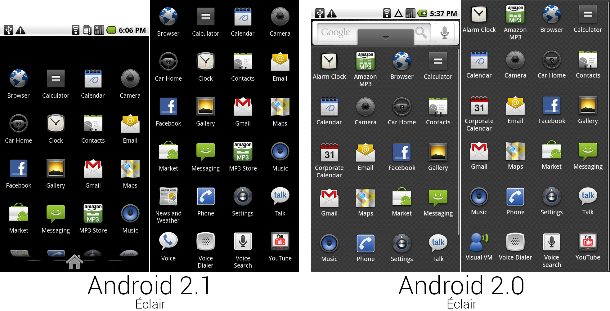 图片展示了安卓2.1和2.0中的应用抽屉设计以及应用的选择。