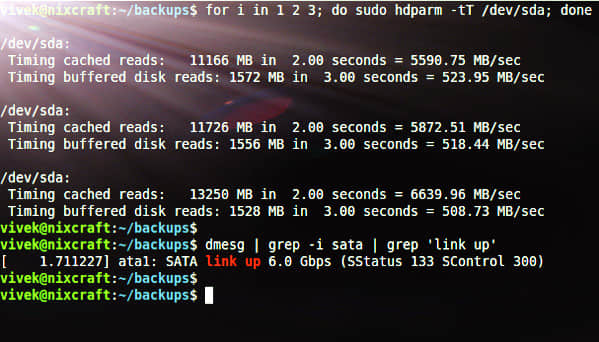 Linux Check IDE SATA SSD Hard Disk Transfer Speed
