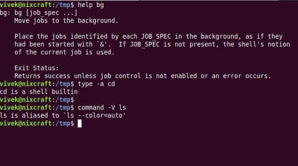 View list bash built-ins command info on Linux or Unix