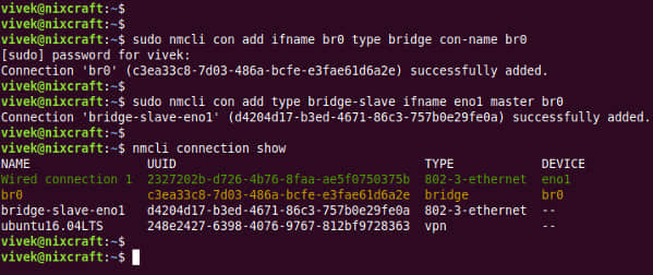 Create bridge interface using nmcli on Linux