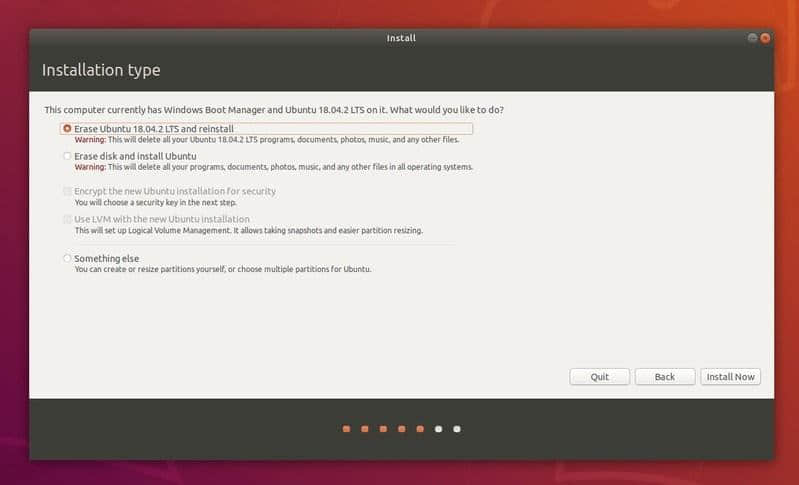 Reinstall Ubuntu option in dual boot mode