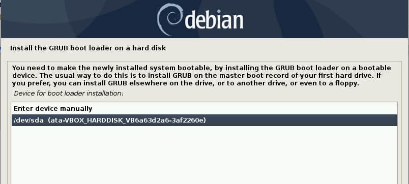 选择硬盘-安装 grub-Debian10