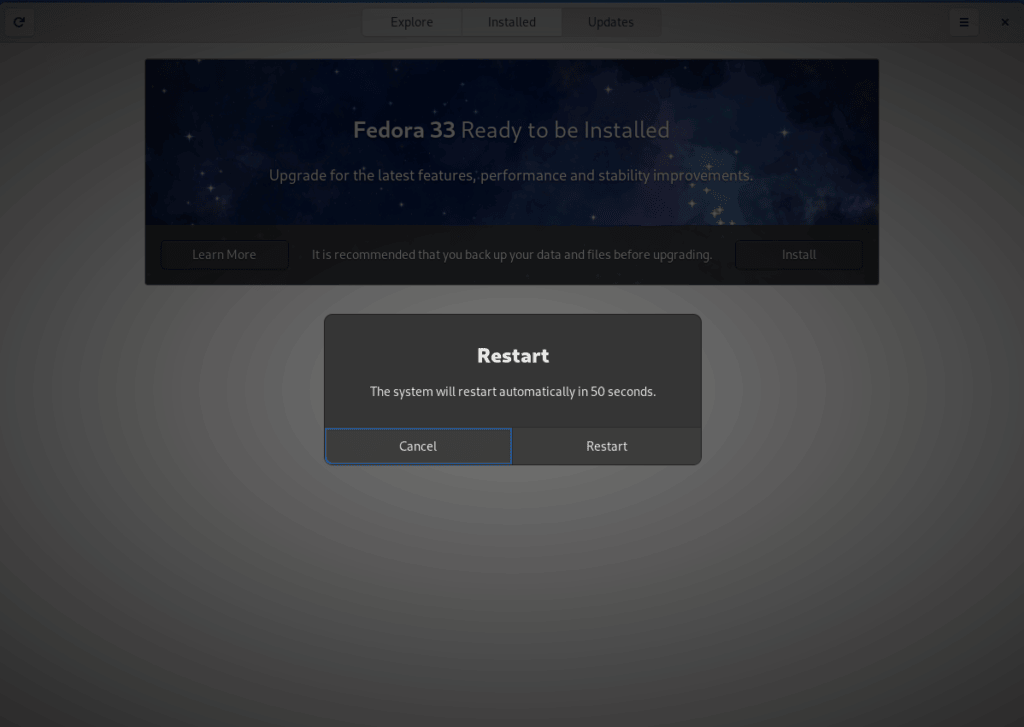 Restart is needed to rebase to Fedora 33 Silverblue