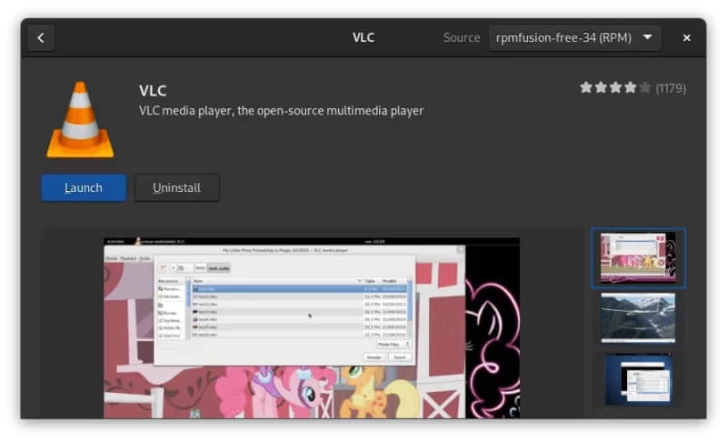 VLC in Fedora software center