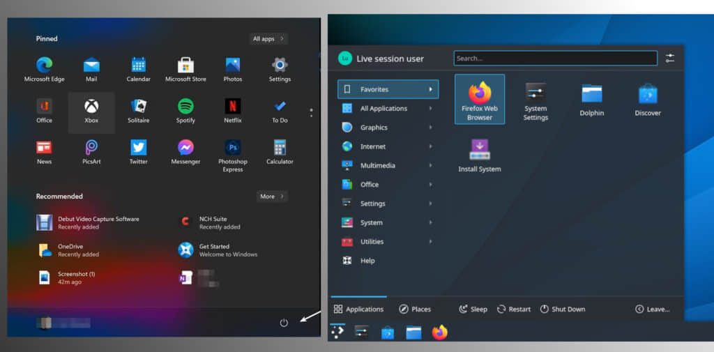 Windows 11 开始菜单与 KDE Plasma 的比较