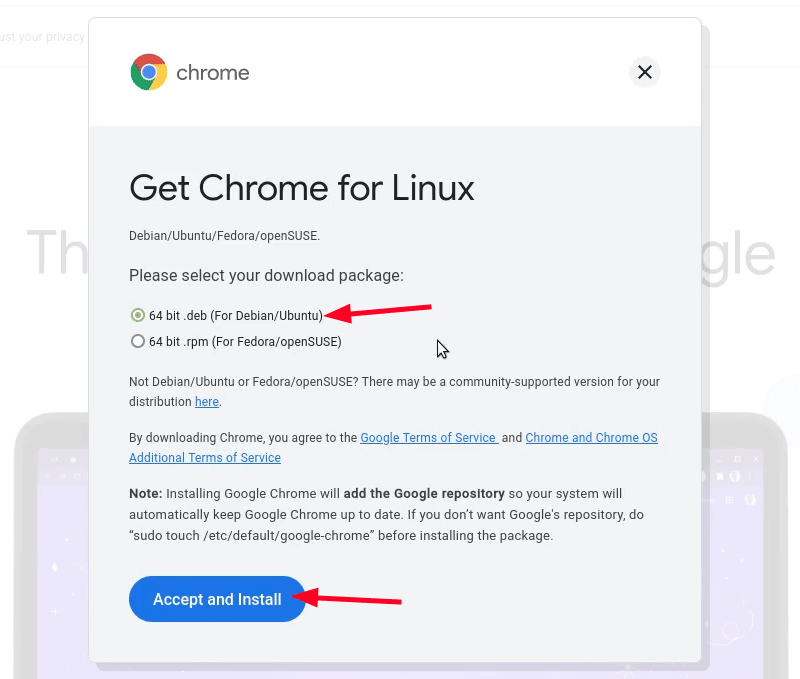 Select Debian/Ubuntu option for Chrome package on Mint