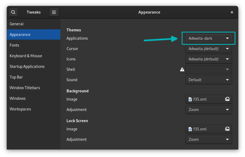 Selecting the Adwaita-dark theme