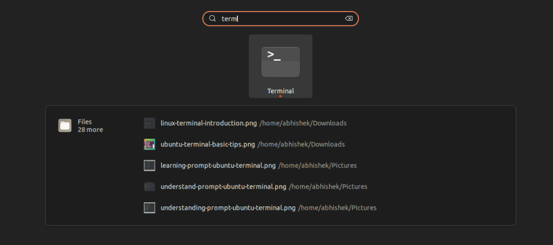 Search in GNOME activities shows installed applications and matching files