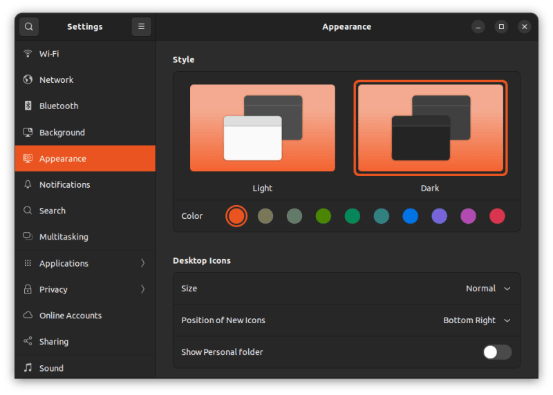 Changing accent colors in Ubuntu 22.04