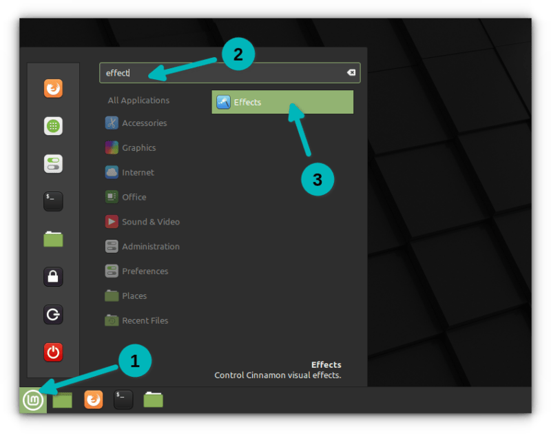 打开 Linux Mint Cinnamon 的效果设置