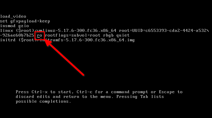 Find ro Kernel Parameter In Grub Entry