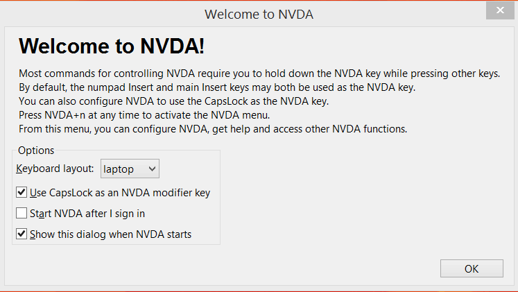 Image of NVDA welcome screen
