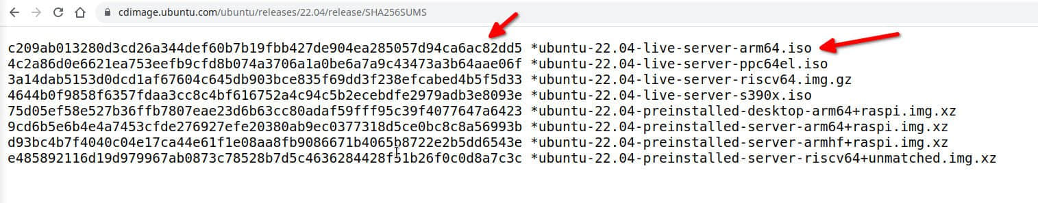 SHA-256 value of Ubuntu server ISO image
