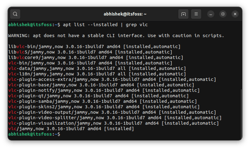 list installed packages vlc ubuntu