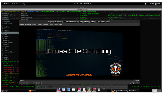 Screenshot of a Bugcrowd University Cross Site Scripting video in VLC media player, previewed over the terminal