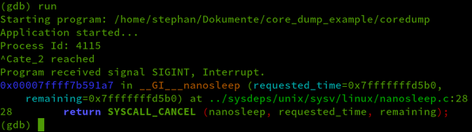 gdb output stopped by sigint