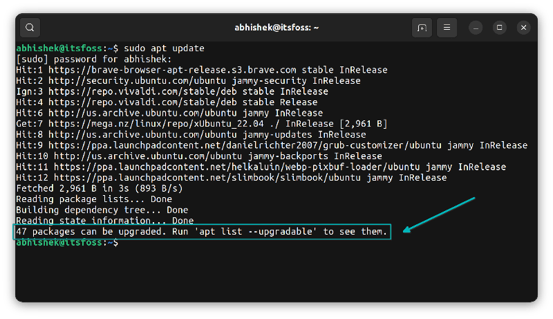 The apt command shows the number of upgradable packages at the bottom of the apt update command output