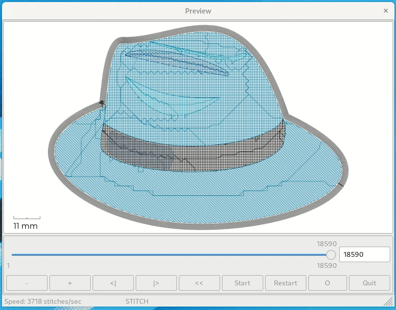 Nicubunu’s Fedora hat icon as embroidery. The angles for the stitches of the head part and the brim are different so that it looks more realistic. The outline is done in Satin stitching