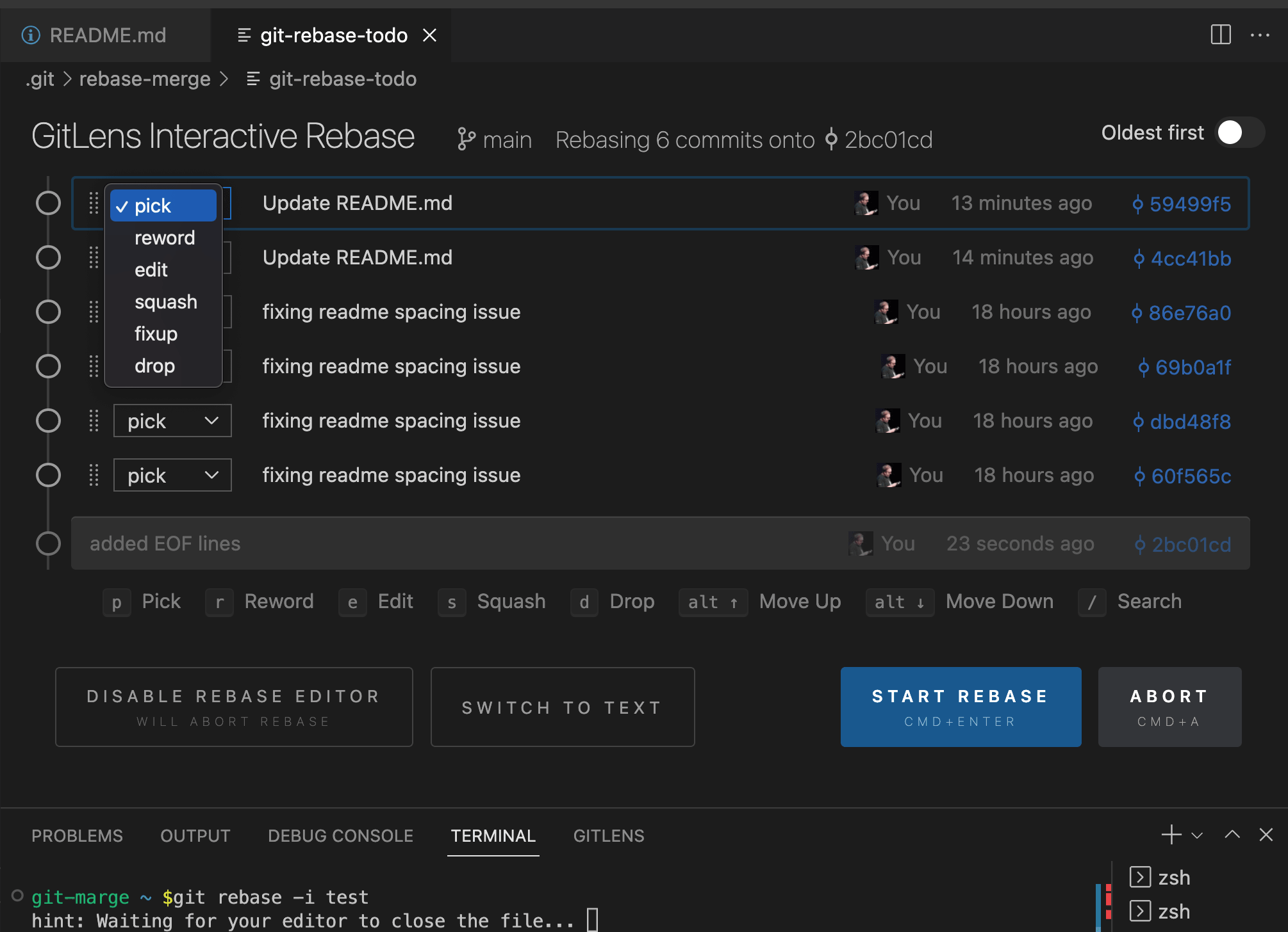 Image of the Git lens interactive Rebase tool in VS Code.