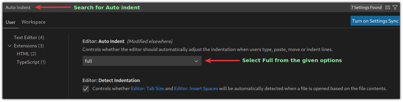 enable auto indent from global user settings in vscode