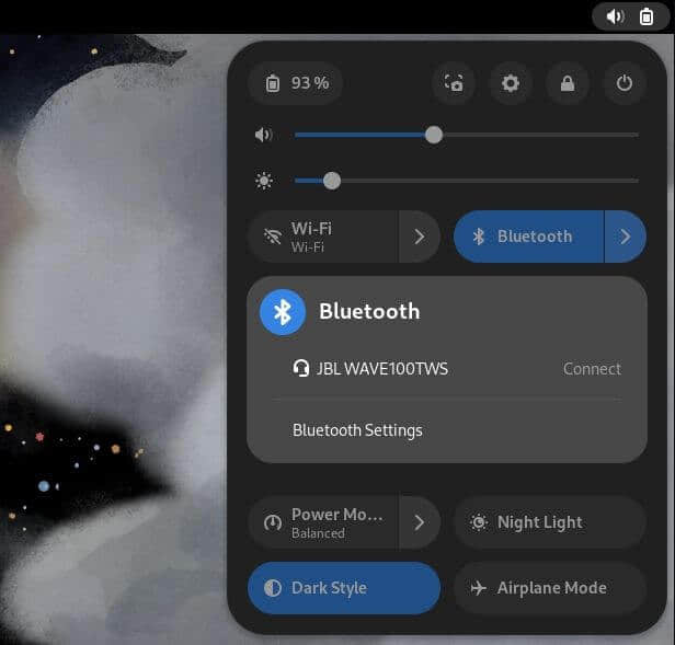 GNOME 44 快速设置面板中的蓝牙设置截图