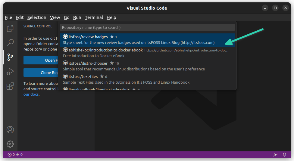 GitHub repos accessible from VS Code