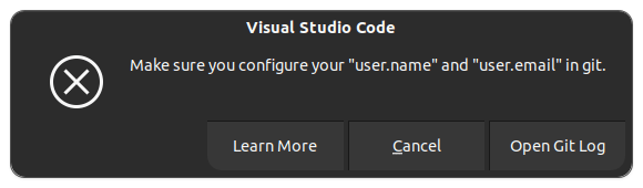 Error in VS Code if Git username and email is not set