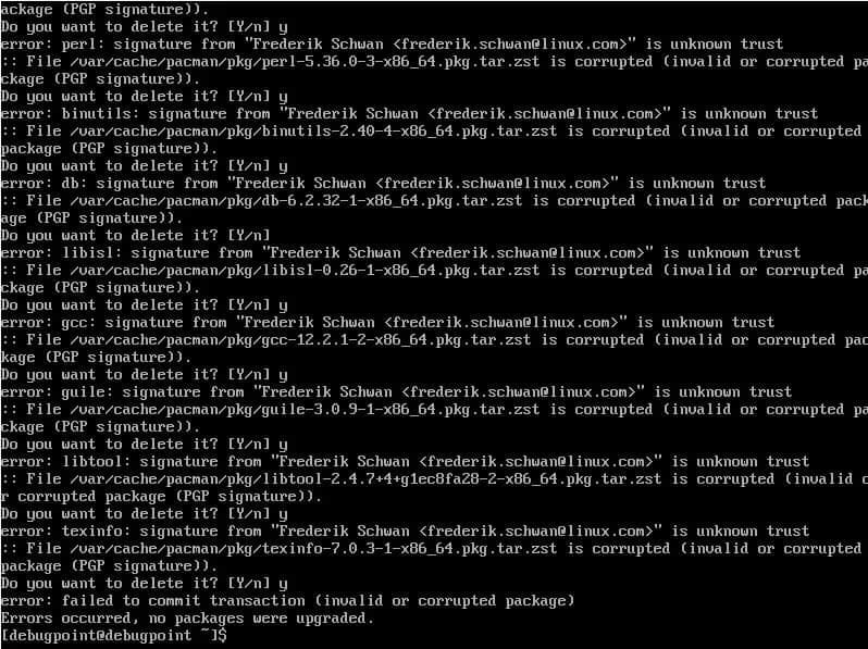 Arch Linux 中无效或损坏的包错误示例